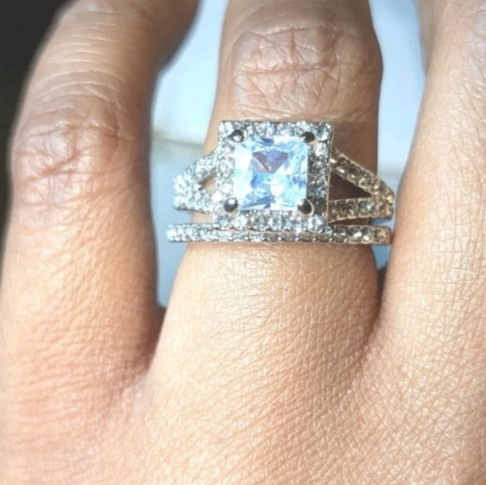 Womens 5ct Princess Cut Lab Created Diamond Halo Trio Wedding Ring Sz 7.5